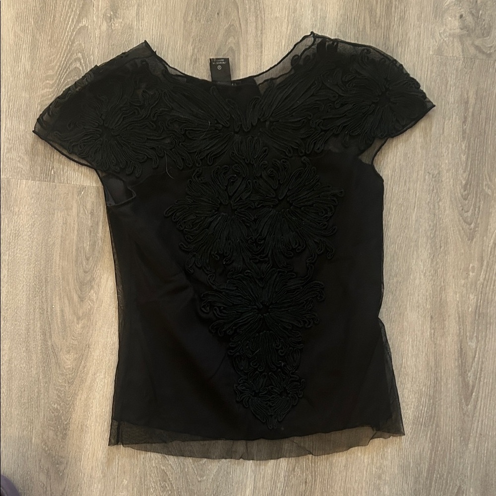 Vivienne Tam Black Embroidered Mesh Cap Sleeve Top
